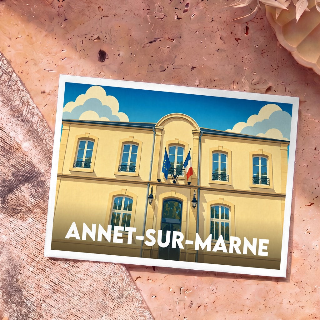 Carte postale souvenir de la ville d'Annet-sur-Marne illustrant la mairie avec un style graphique épuré.