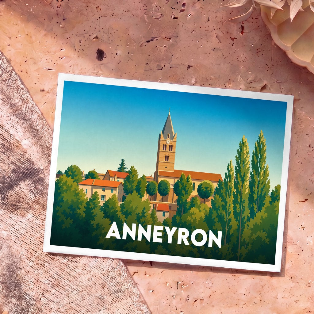 Carte postale souvenir de la ville d'Anneyron avec une illustration stylisée d'une église entourée de verdure.