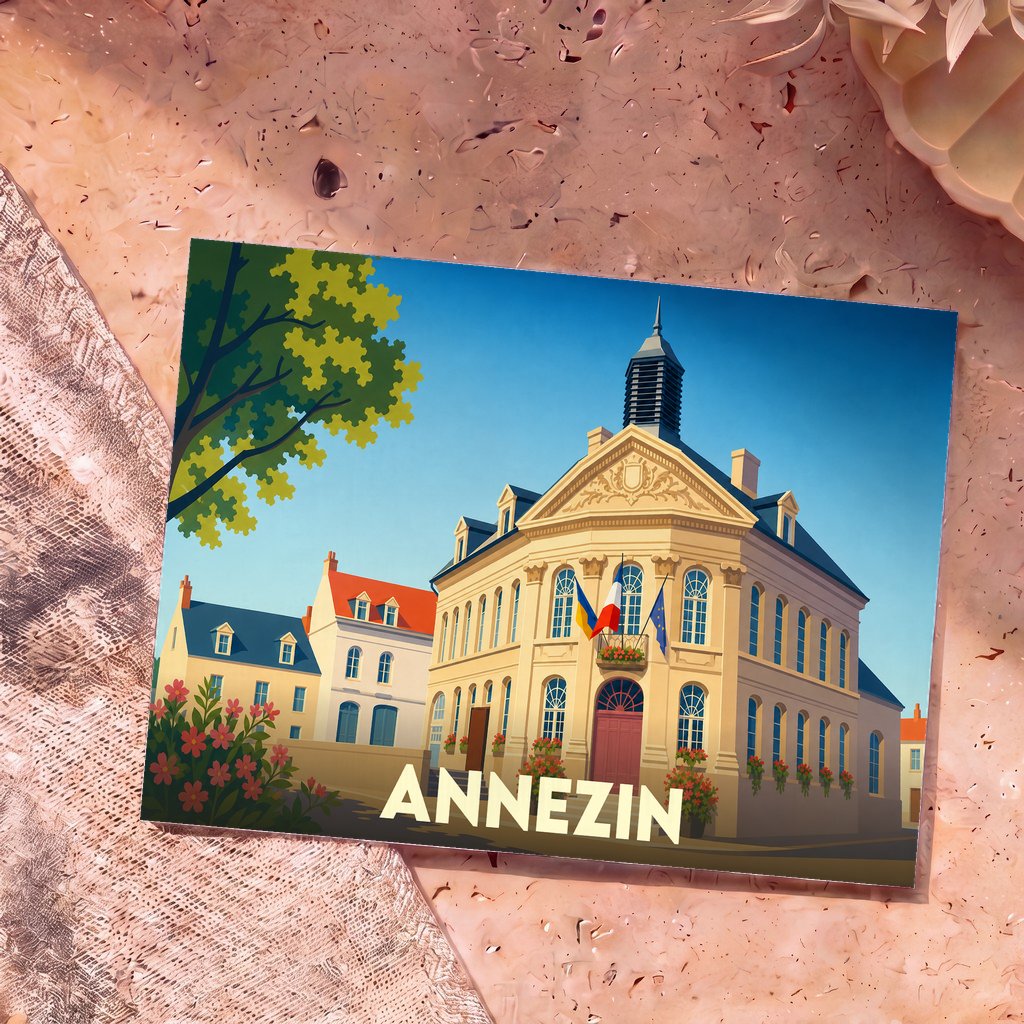 Carte postale souvenir de la ville d'Annezin avec une illustration stylisée de son hôtel de ville.