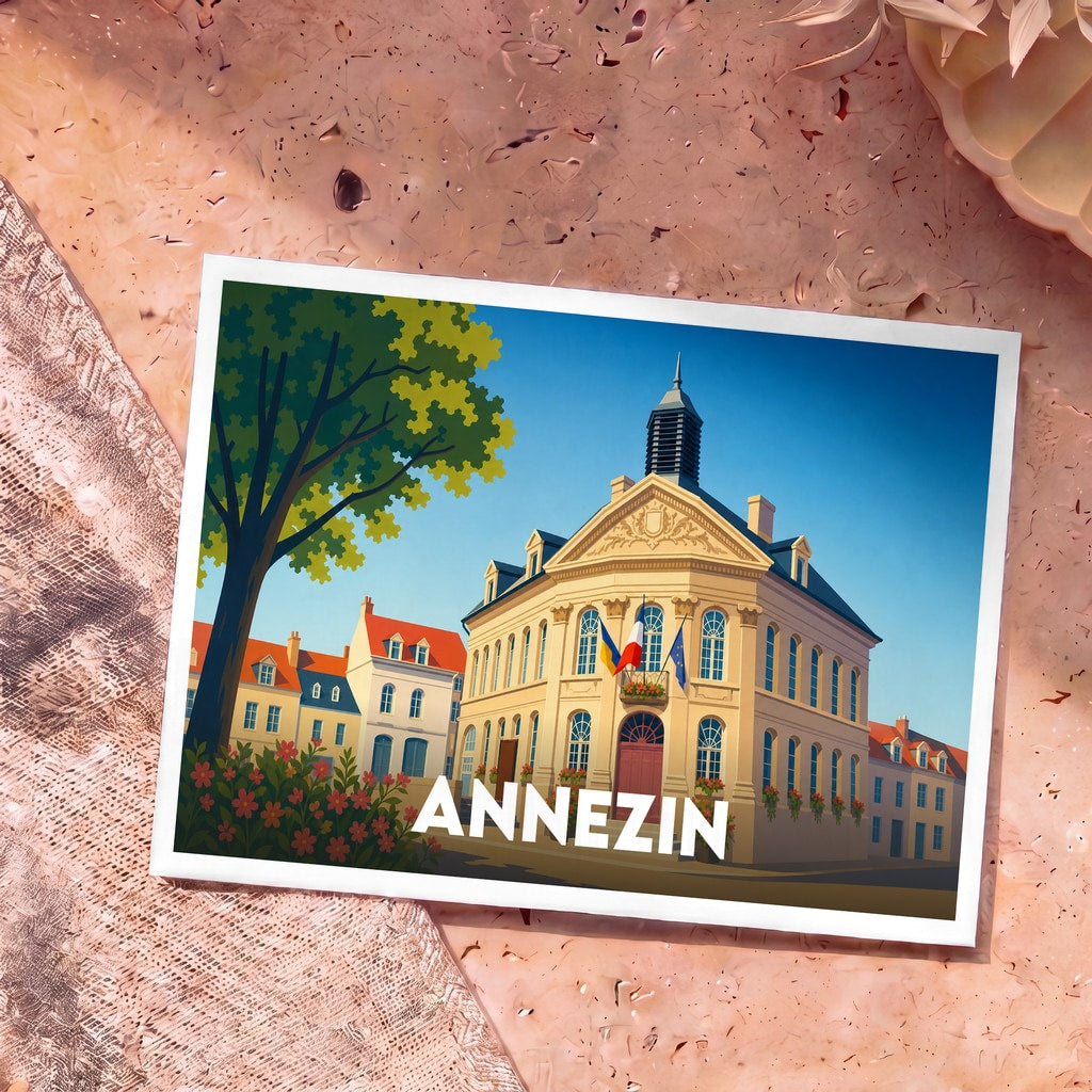 Carte postale souvenir de la ville d'Annezin avec une illustration stylisée de son hôtel de ville.