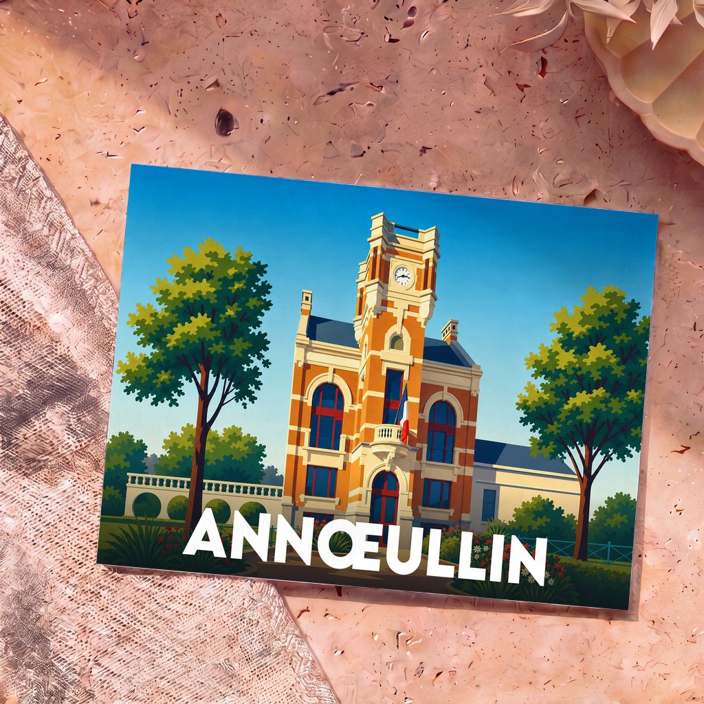 Carte postale souvenir de la ville d'Annœullin illustrant son hôtel de ville dans un style graphique épuré.