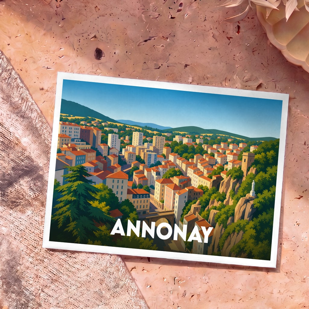 Carte postale souvenir de la ville d'Annonay présentant une illustration colorée et stylisée de ses paysages urbains et vallonnés.
