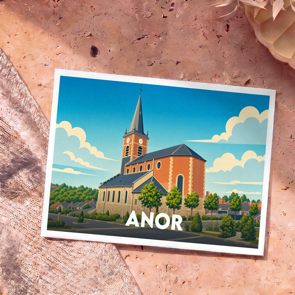 Carte postale souvenir de la ville d'Anor illustrant son église dans un style graphique épuré.