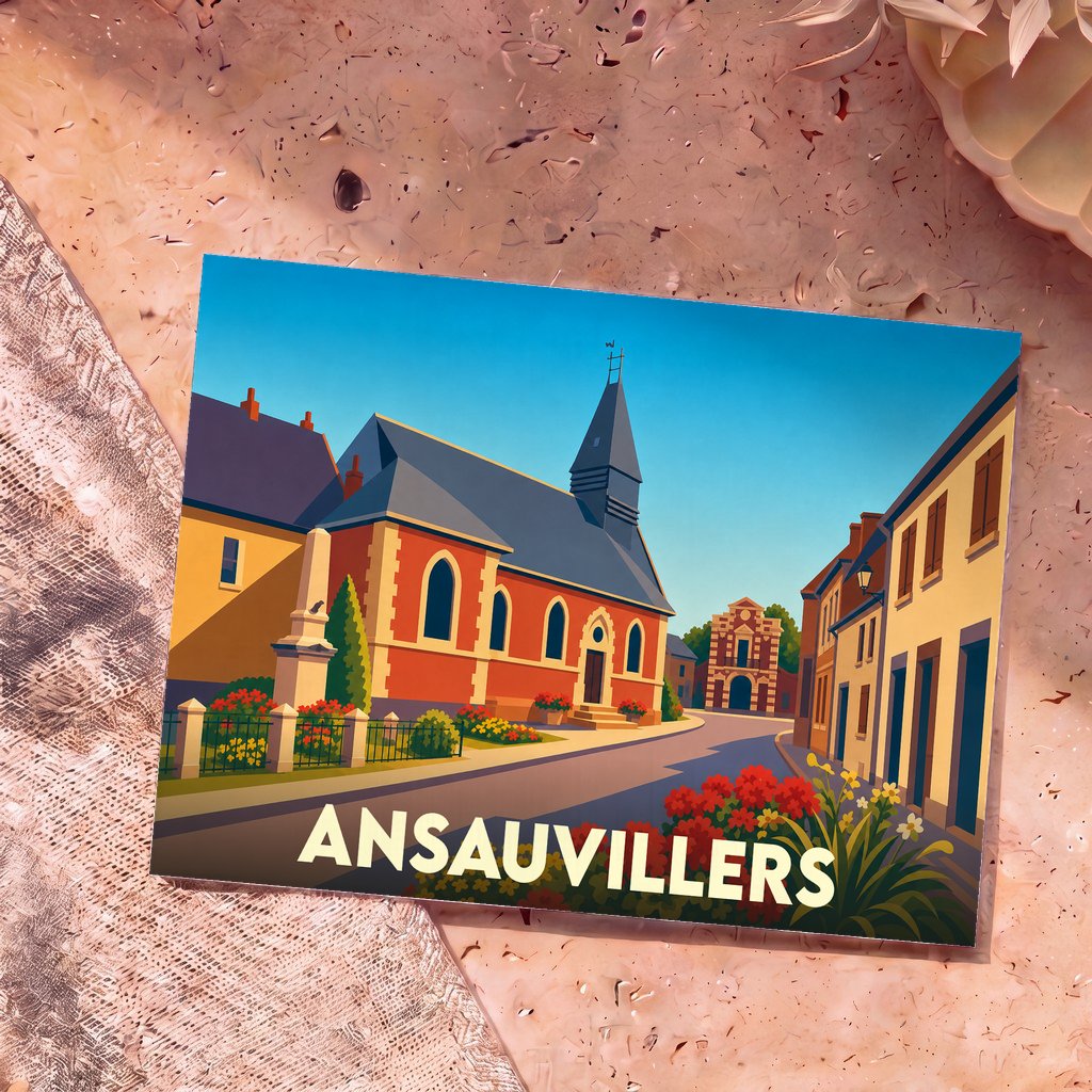 Carte postale souvenir de la ville d'Ansauvillers avec une illustration stylisée et colorée.