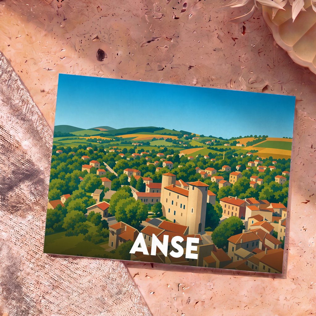 Carte postale souvenir de la ville de Anse avec une illustration stylisée.