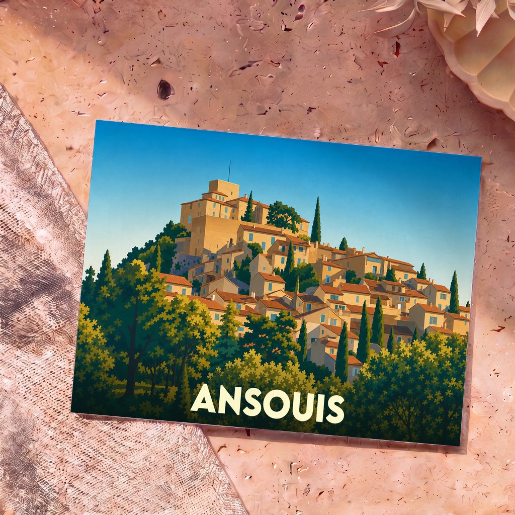 Carte postale souvenir de la ville d'Ansouis avec une illustration stylisée du village perché.