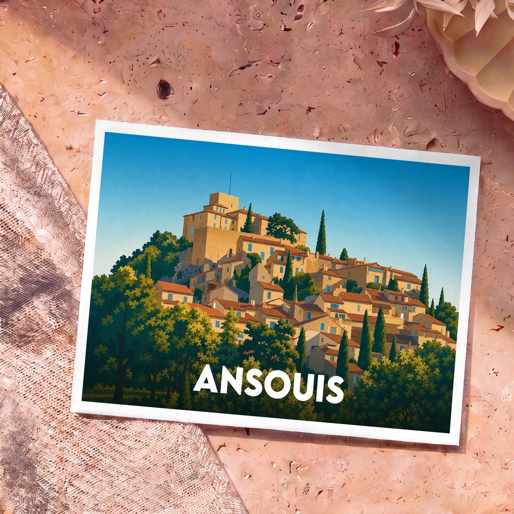 Carte postale souvenir de la ville d'Ansouis avec une illustration stylisée du village perché.