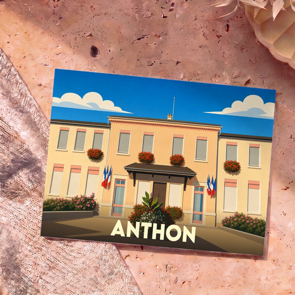 Carte postale souvenir de la ville d'Anthon avec une illustration stylisée de sa mairie.