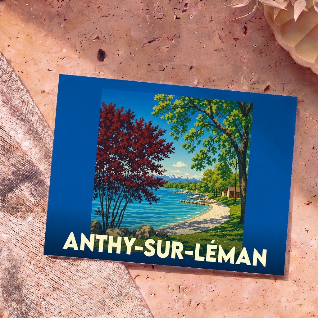 Carte postale souvenir de la ville d'Anthy-sur-Léman avec une illustration stylisée des bords du lac.