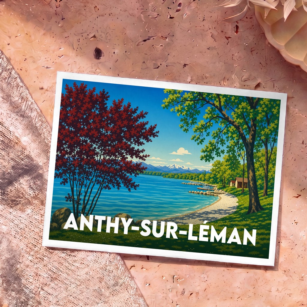 Carte postale souvenir de la ville d'Anthy-sur-Léman avec une illustration stylisée des bords du lac.