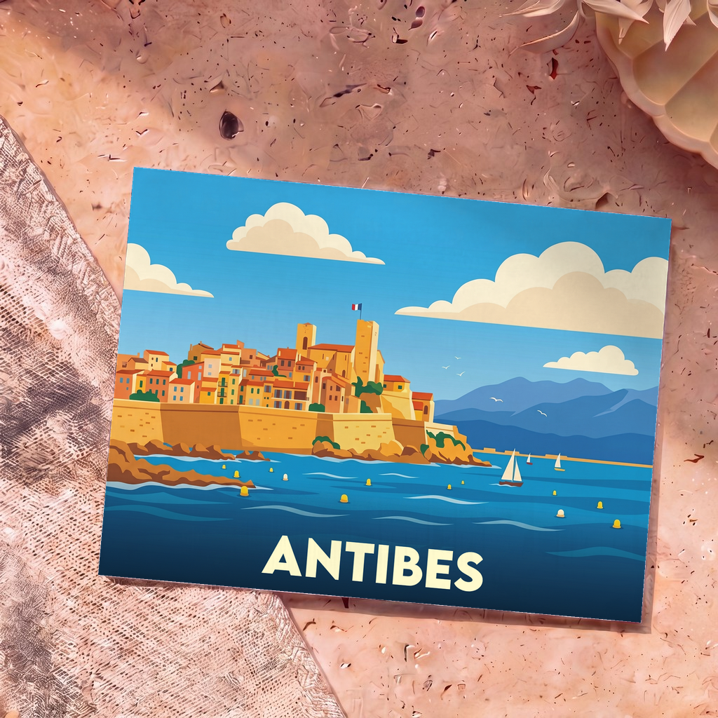 Carte postale souvenir de la ville d'Antibes avec une illustration stylisée du vieil Antibes face à la mer.