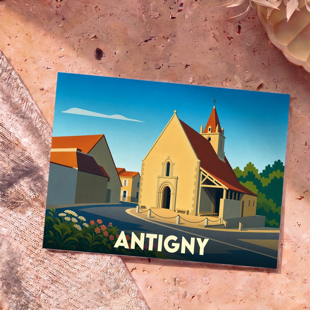 Carte postale souvenir d'Antigny illustrant son église avec un style graphique épuré et coloré.