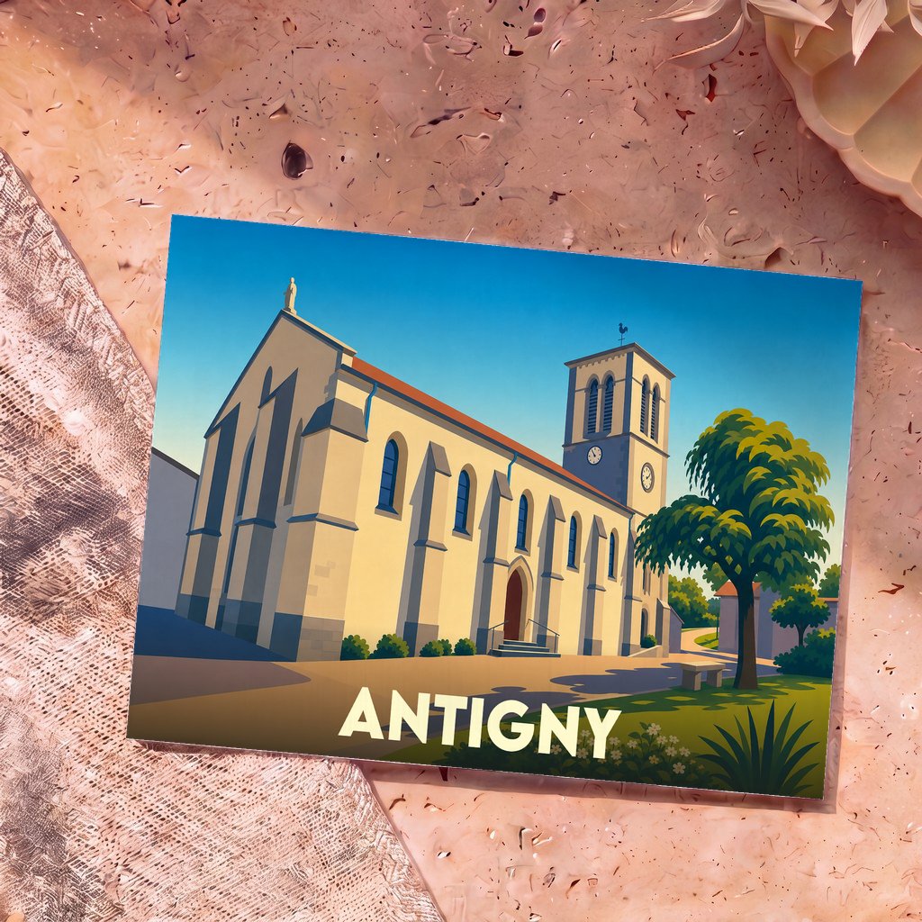 Carte postale souvenir de la ville d'Antigny avec une illustration stylisée de son église sous un ciel bleu.