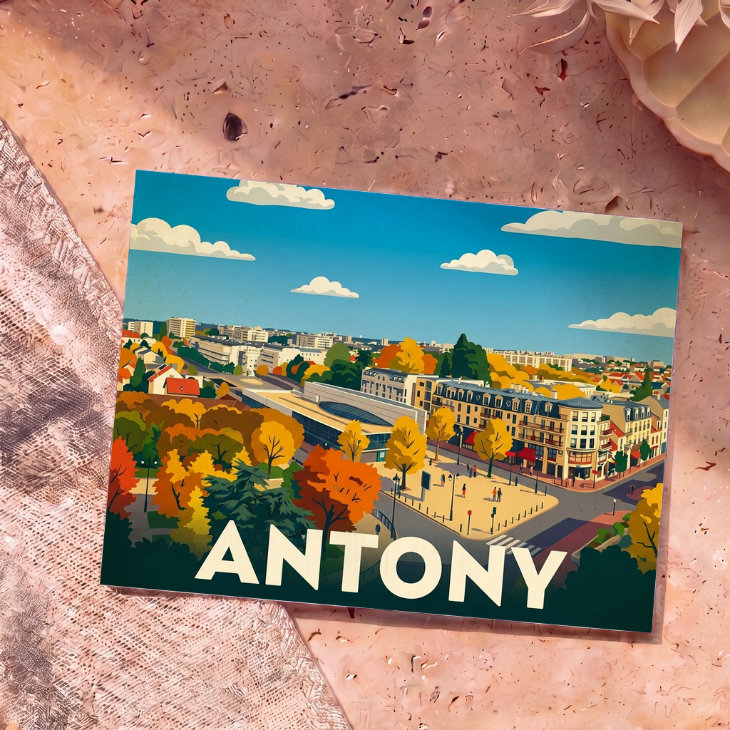 Carte postale souvenir de la ville d'Antony avec une illustration stylisée et colorée du paysage urbain en automne.