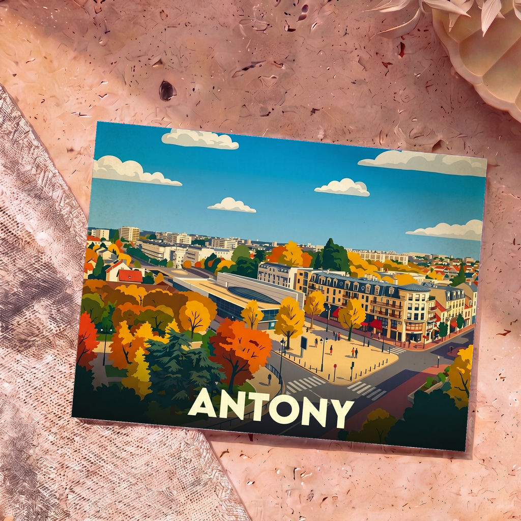 Carte postale souvenir de la ville d'Antony avec une illustration stylisée et colorée du paysage urbain en automne.