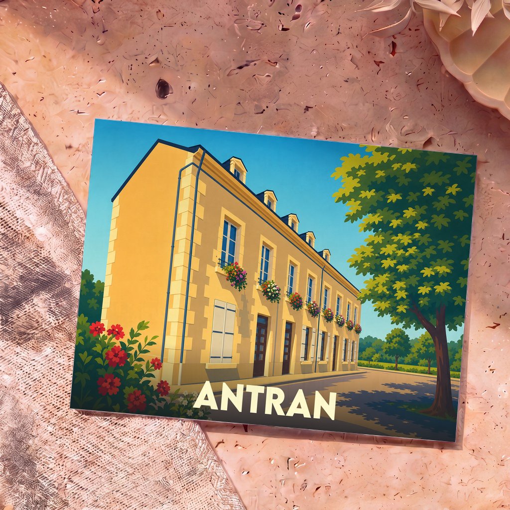 Carte postale souvenir de la ville d'Antran avec une illustration stylisée d'un bâtiment typique.