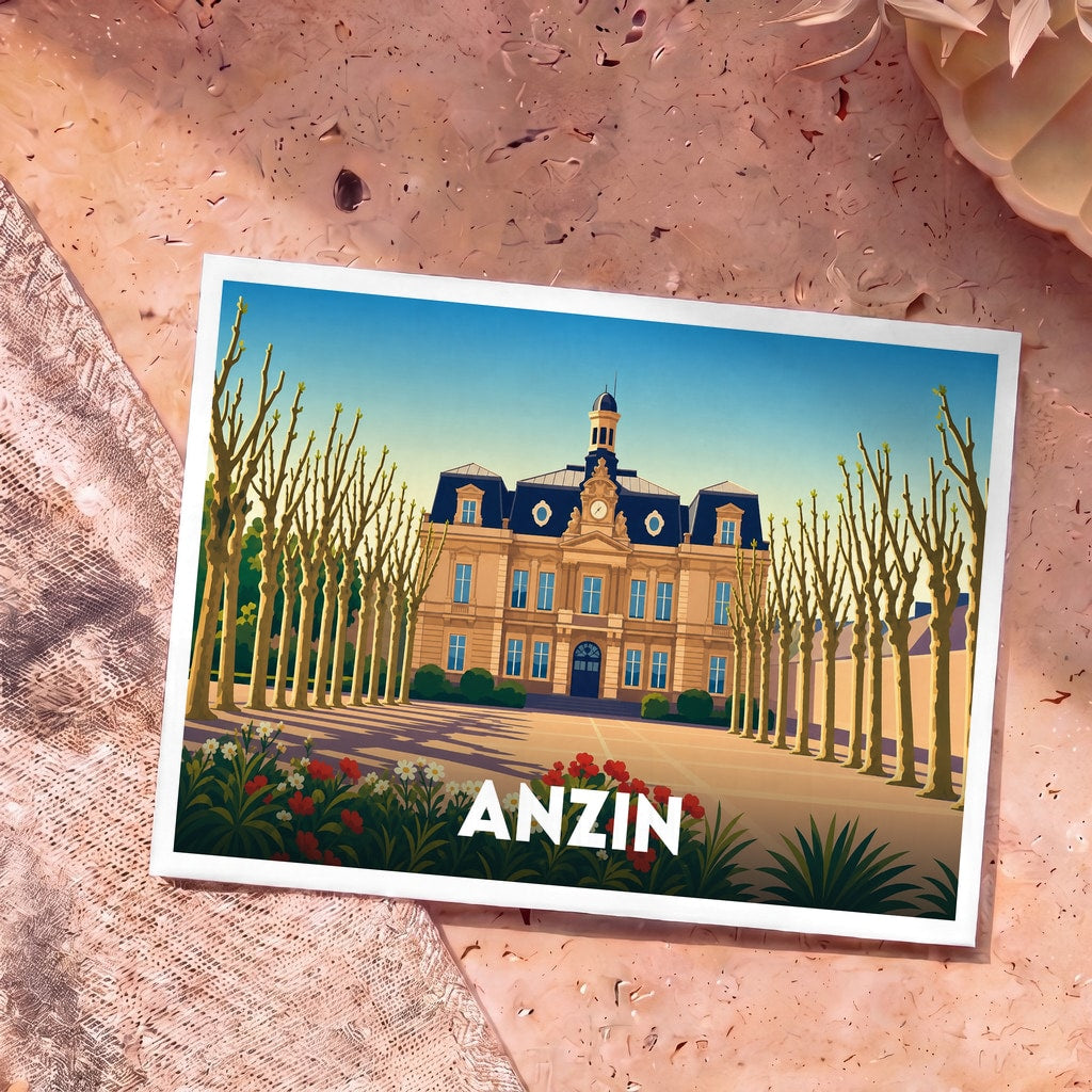 Carte postale souvenir de la ville d'Anzin avec une illustration stylisée de son hôtel de ville bordé d'arbres.