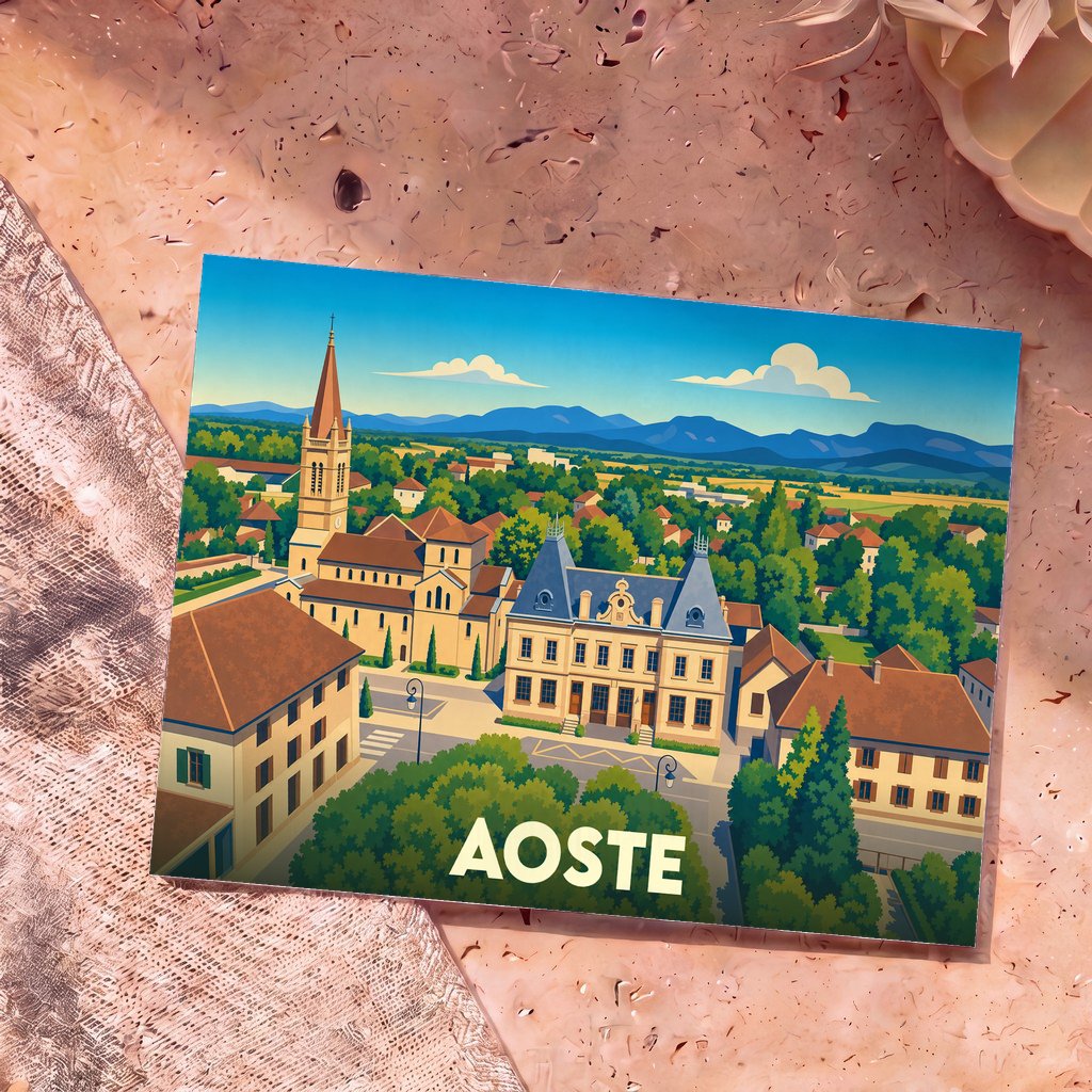 Carte postale souvenir de la ville d'Aoste avec une illustration stylisée d'un paysage urbain.