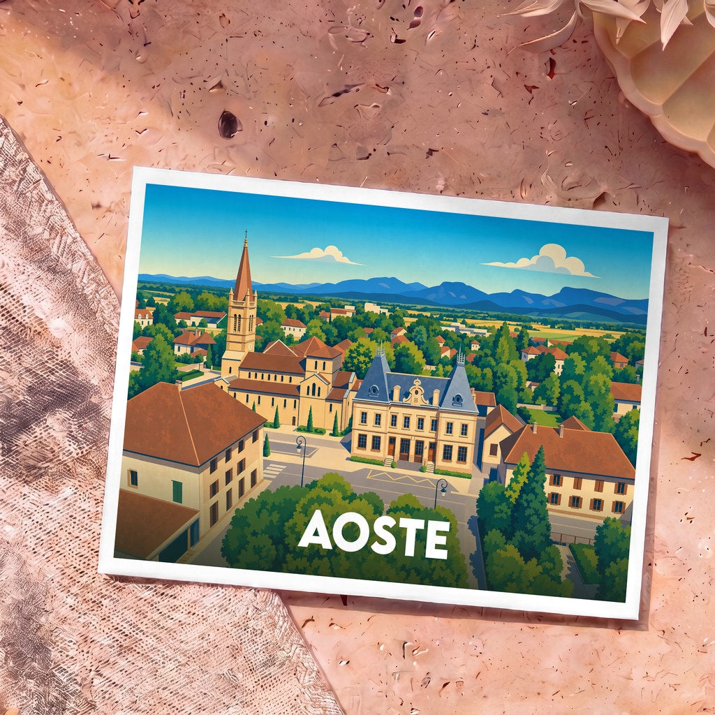 Carte postale souvenir de la ville d'Aoste avec une illustration stylisée d'un paysage urbain.