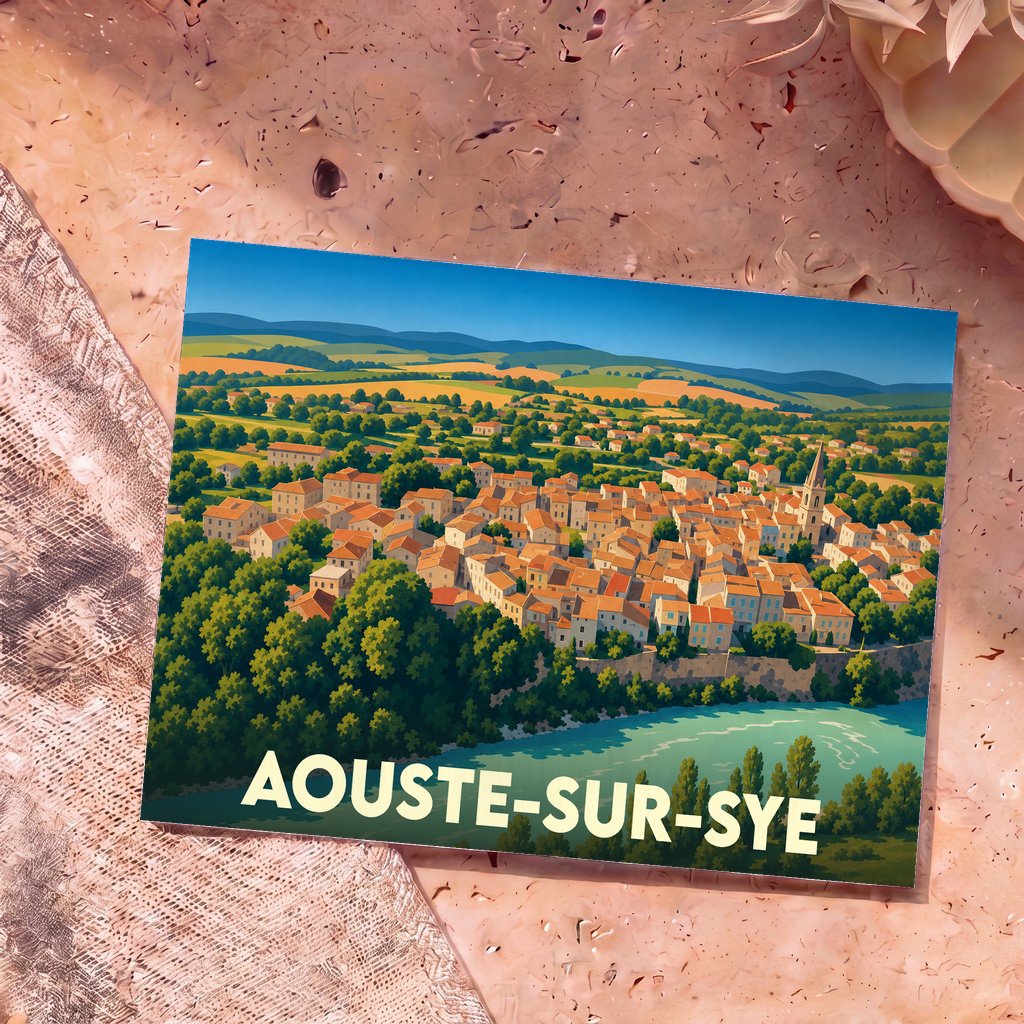 Carte postale souvenir de la ville de Aouste-sur-Sye avec une illustration colorée et stylisée de ses maisons en bord de rivière.