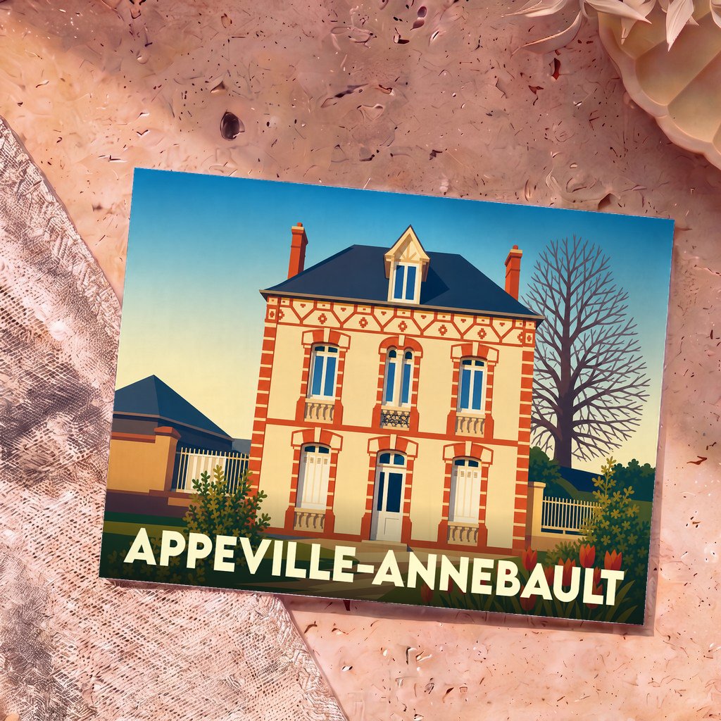 Carte postale souvenir de la ville d'Appeville-Annebault avec une illustration stylisée d'une maison de maître normande.