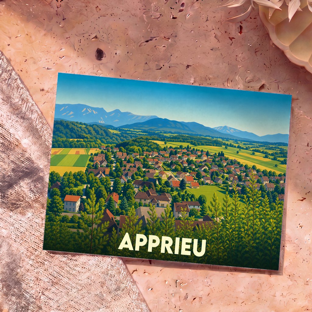 Carte postale souvenir de la ville d'Apprieu avec une illustration stylisée d'un paysage de campagne et de montagnes.