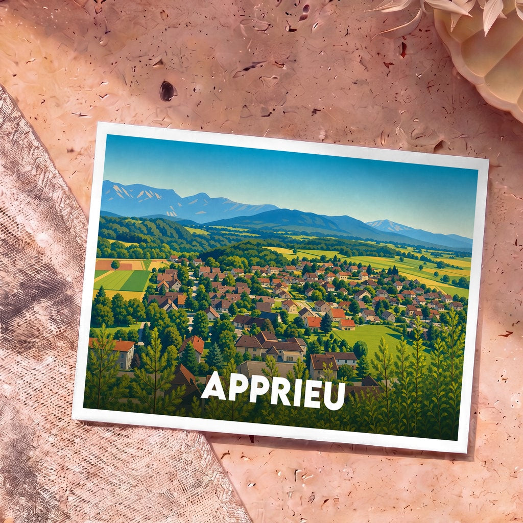 Carte postale souvenir de la ville d'Apprieu avec une illustration stylisée d'un paysage de campagne et de montagnes.