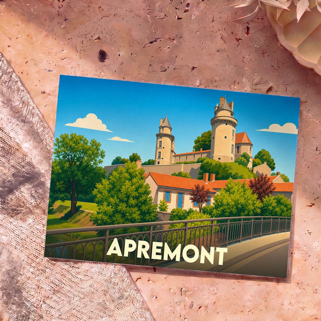 Carte postale souvenir de la ville d'Apremont illustrant son château et ses maisons de manière stylisée.