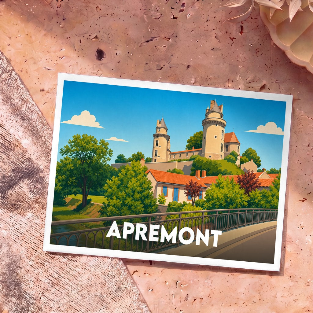 Carte postale souvenir de la ville d'Apremont illustrant son château et ses maisons de manière stylisée.