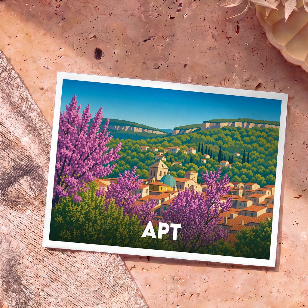 Carte postale souvenir de la ville d'Apt avec une illustration stylisée et colorée de la cité provençale.