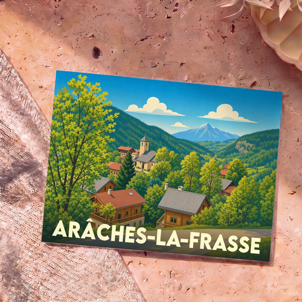 Carte postale souvenir de la ville d'Arâches-la-Frasse avec une illustration stylisée de style vintage.