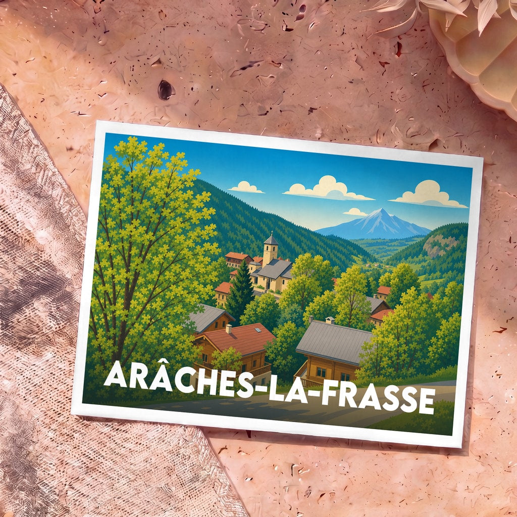 Carte postale souvenir de la ville d'Arâches-la-Frasse avec une illustration stylisée de style vintage.