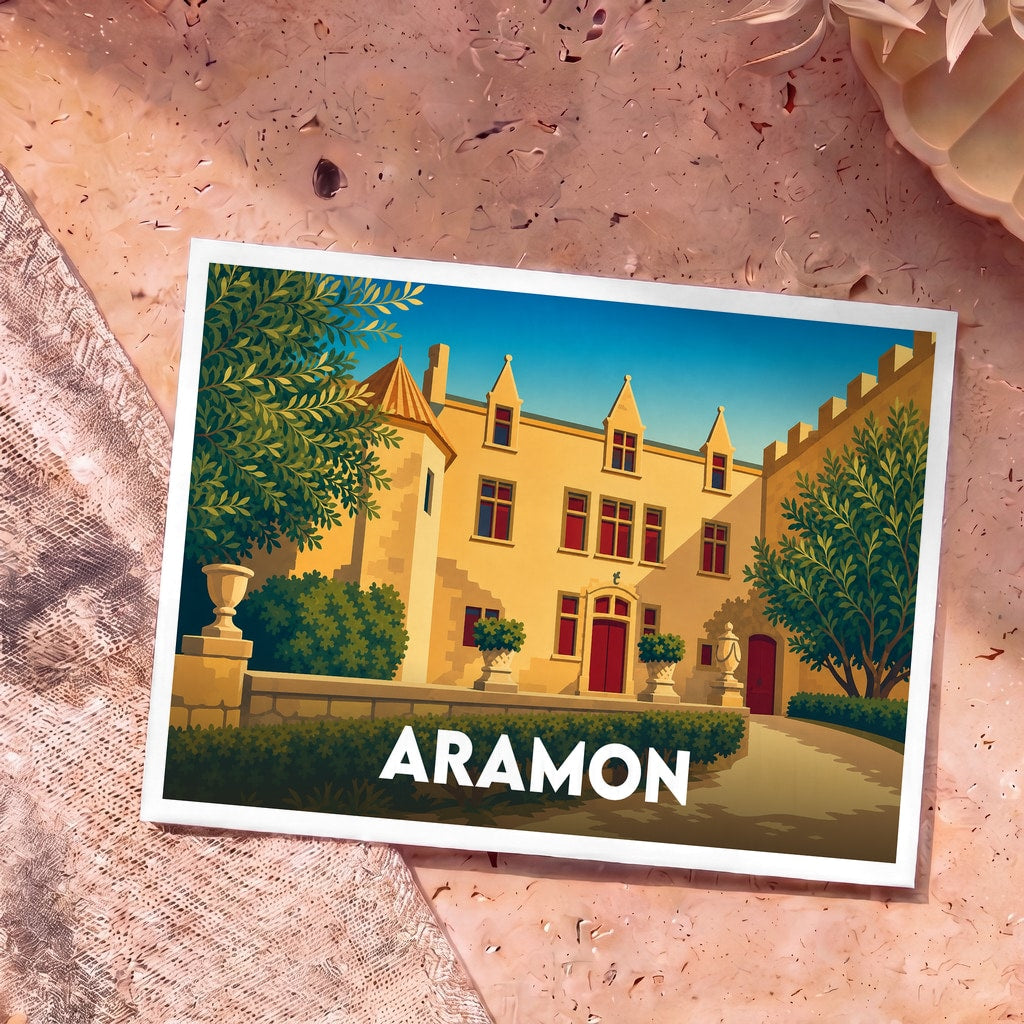 Carte postale souvenir de la ville d'Aramon avec une illustration stylisée de son château.