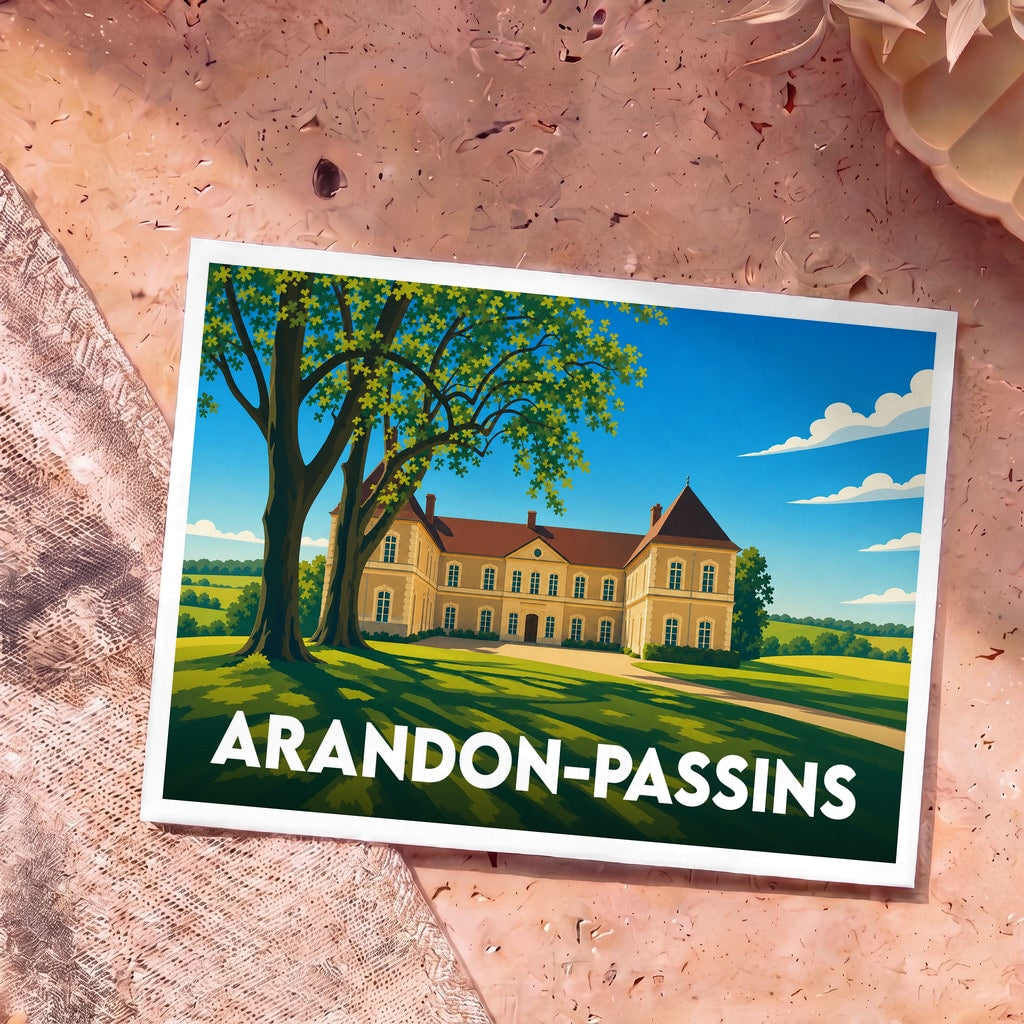 Carte postale souvenir de la ville d'Arandon-Passins avec une illustration stylisée d'un château sous de grands arbres.