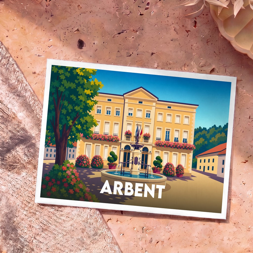 Carte postale souvenir de la ville d'Arbent avec une illustration stylisée de son hôtel de ville et d'une fontaine.