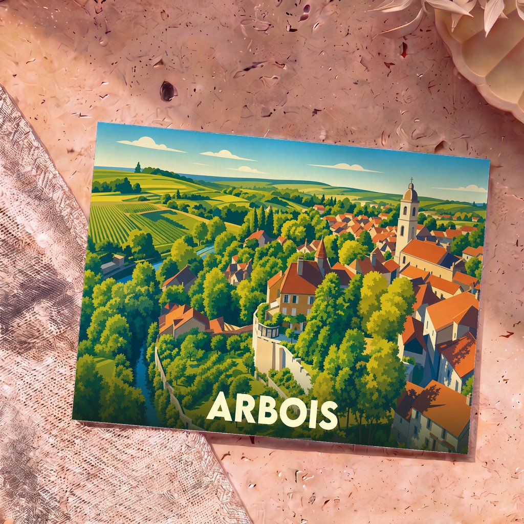 Carte postale souvenir de la ville d'Arbois avec une illustration colorée et stylisée de ses paysages et vignobles.