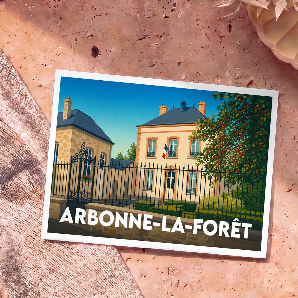 Carte postale souvenir de la ville d'Arbonne-la-Forêt illustrant sa mairie au style graphique épuré.