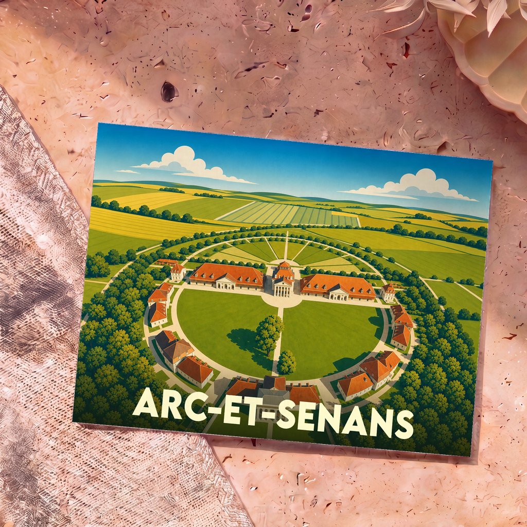 Carte postale souvenir de la ville d'Arc-et-Senans illustrant la Saline Royale dans un style graphique épuré.