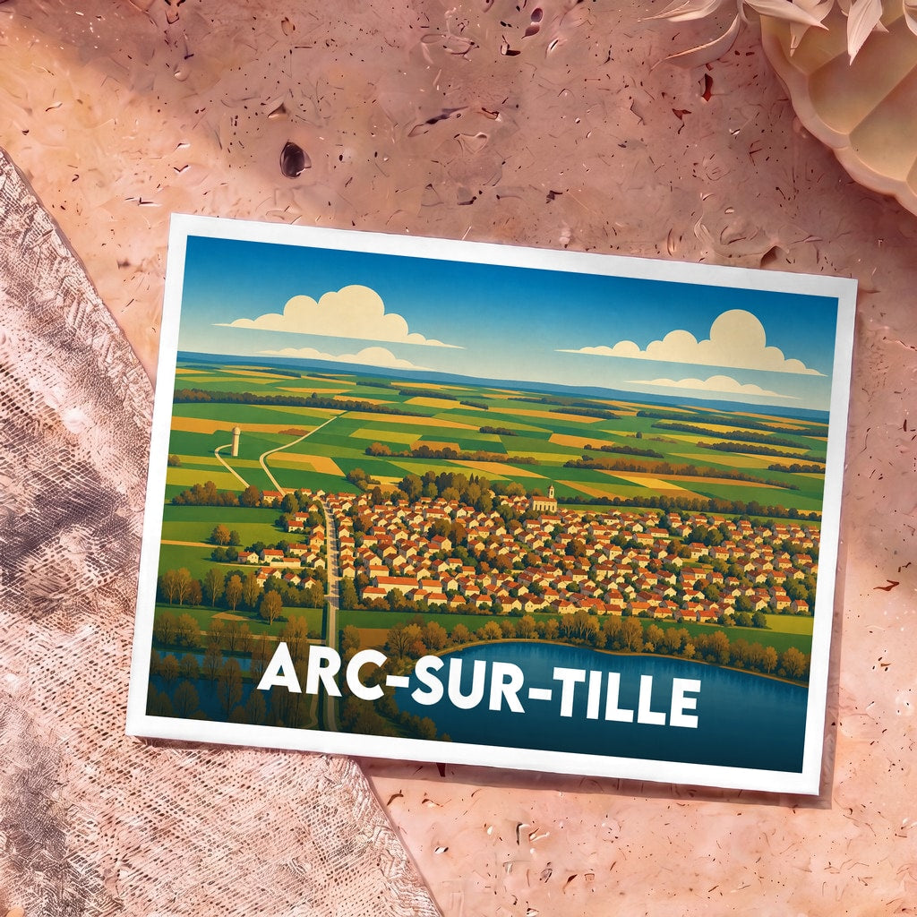 Carte postale souvenir de la ville d'Arc-sur-Tille avec une illustration stylisée vue du ciel.