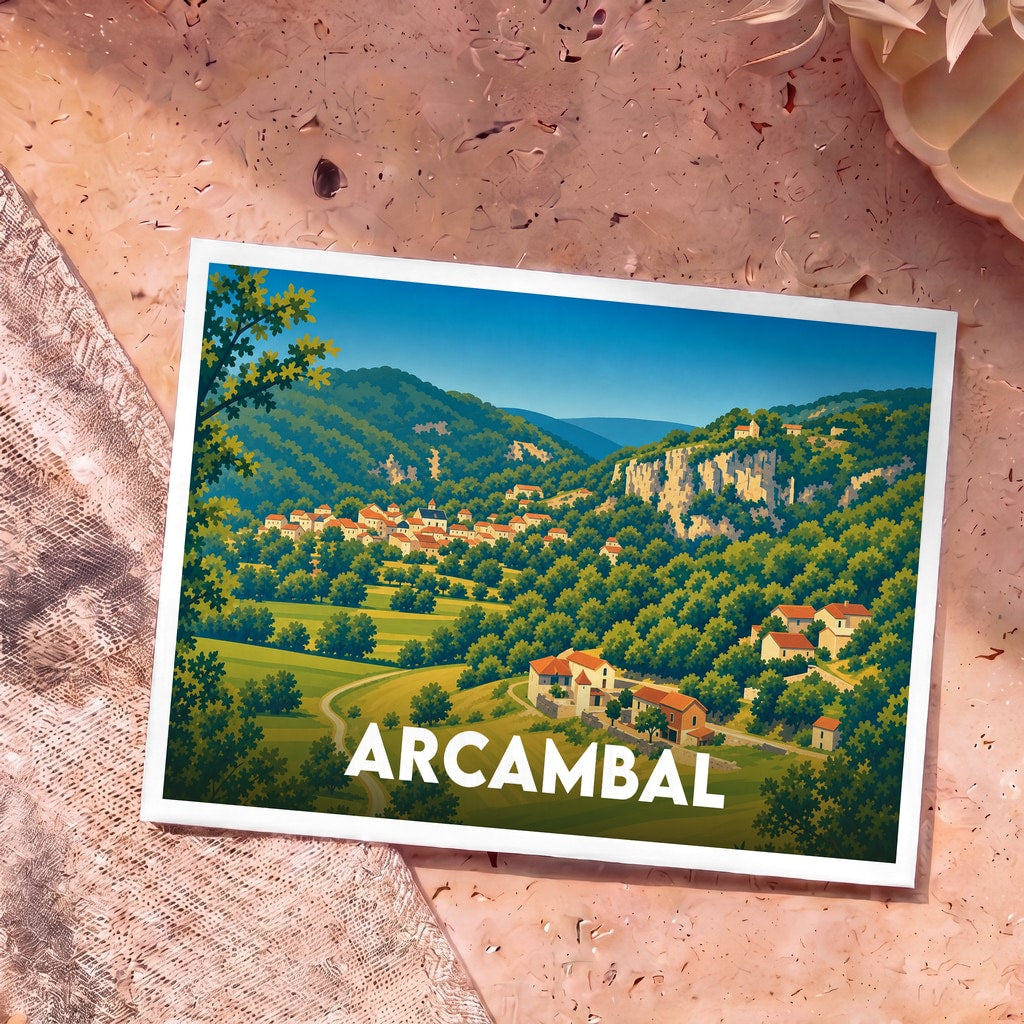 Carte postale souvenir d'Arcambal avec une illustration stylisée de ses paysages vallonnés et de ses maisons en pierre.
