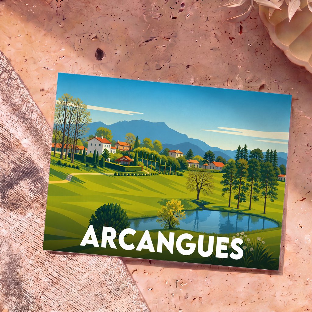 Carte postale souvenir d'Arcangues avec une illustration colorée et stylisée représentant le paysage verdoyant de la ville.