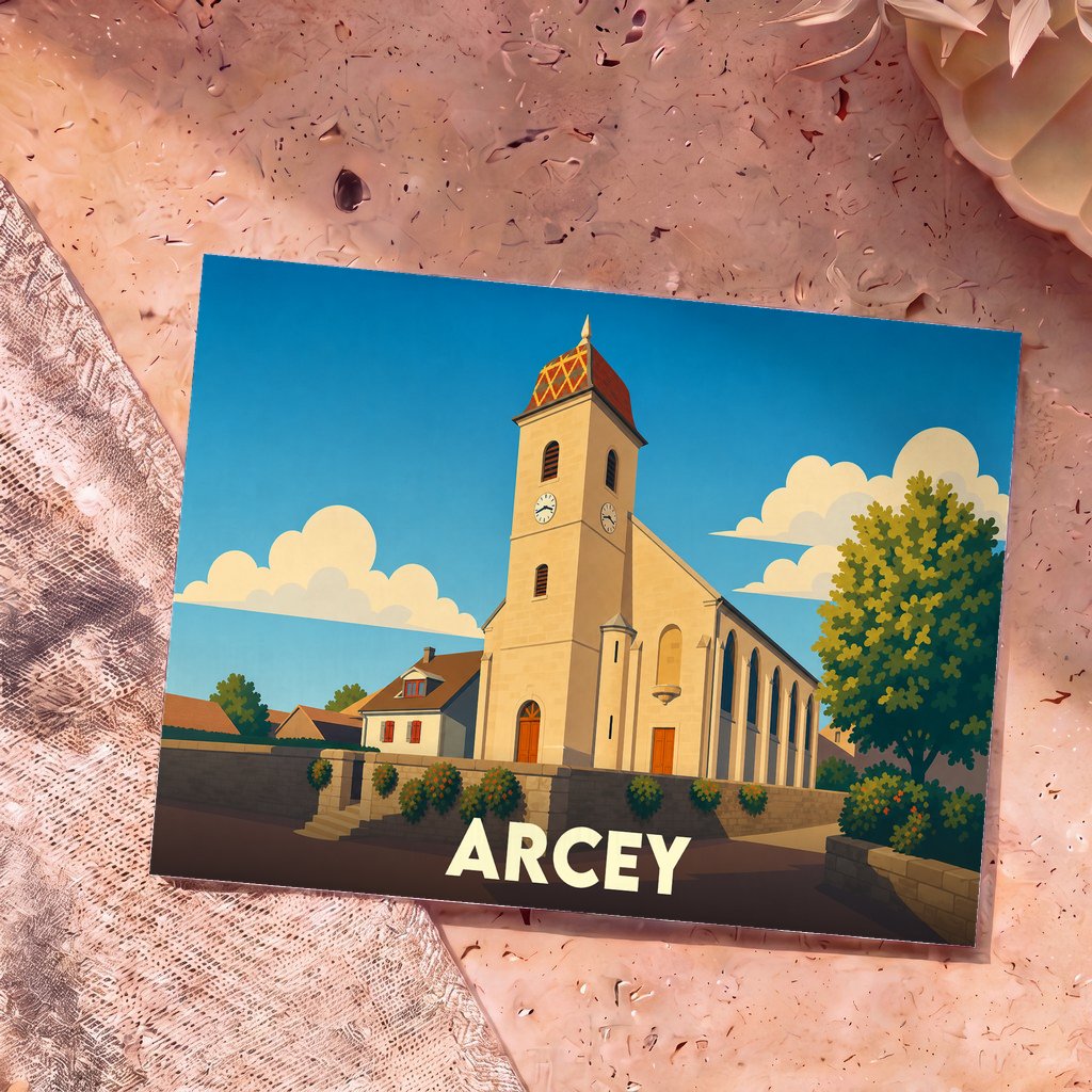 Carte postale souvenir de la ville d'Arcey présentant une illustration stylisée de son église sous un ciel azur.