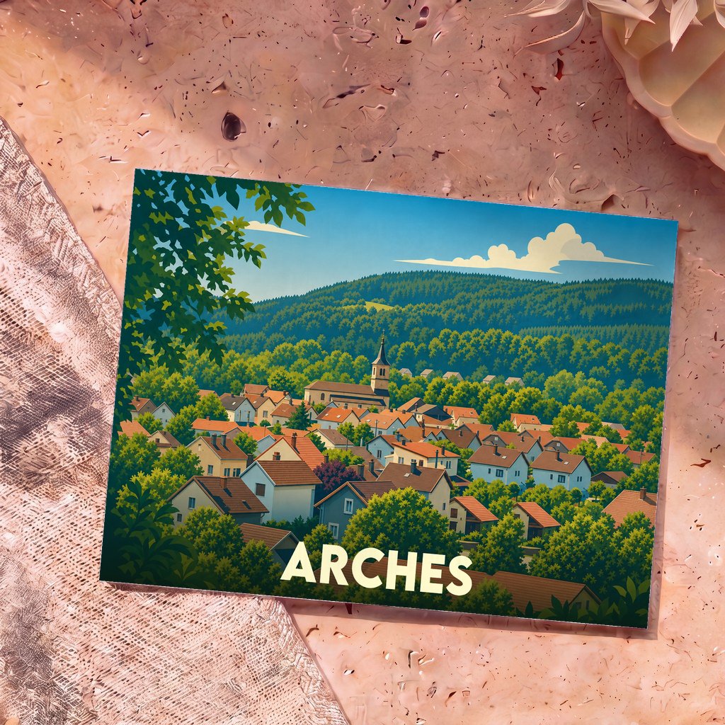 Carte postale souvenir de la ville d'Arches arborant une illustration stylisée d'un village niché dans une vallée verdoyante.