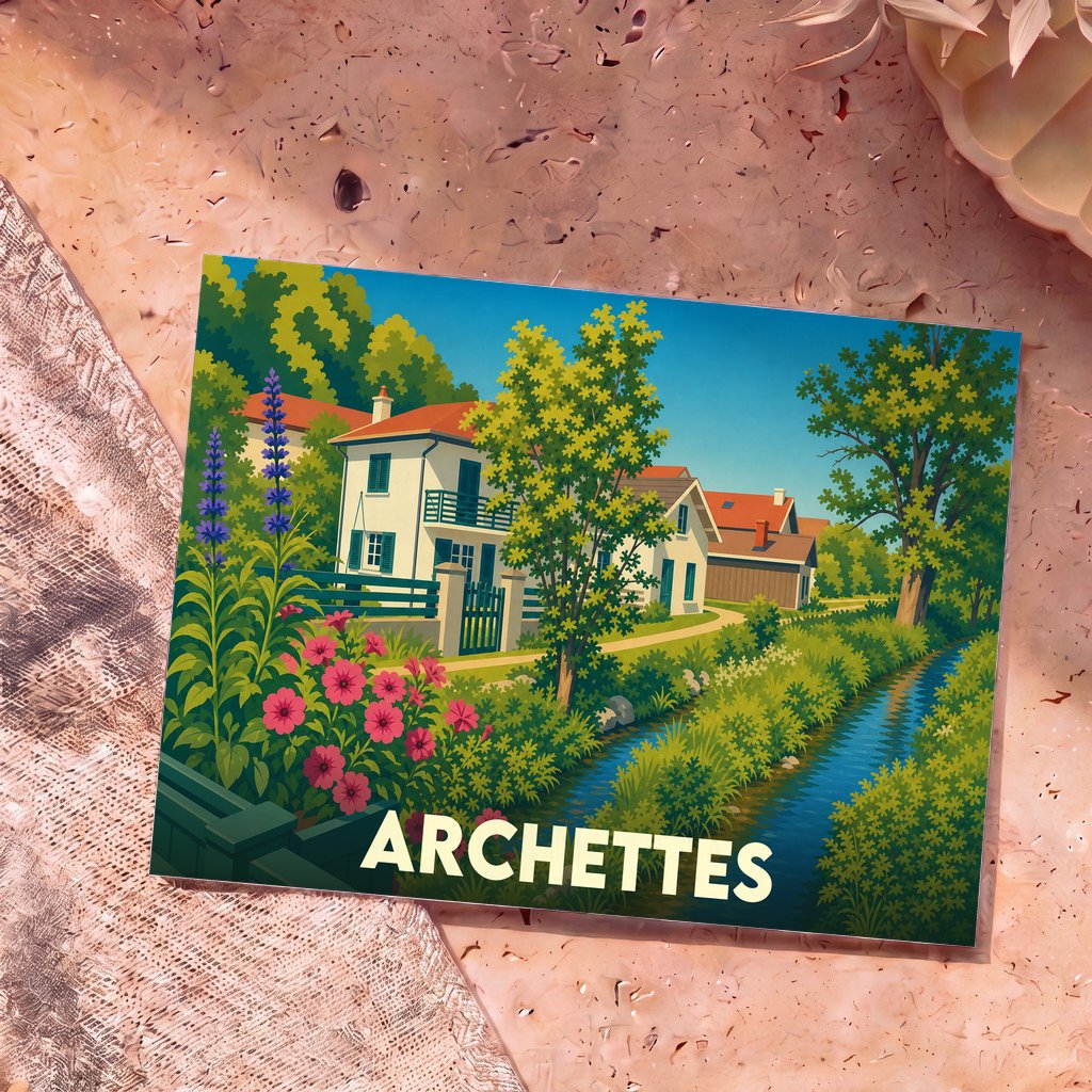 Carte postale souvenir de la ville d'Archettes avec une illustration stylisée d'un village fleuri au bord de l'eau.