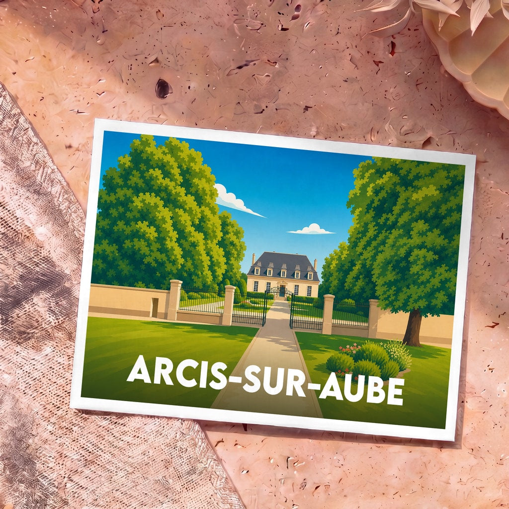 Carte postale souvenir de la ville de Arcis-sur-Aube avec une illustration stylisée d'un château.