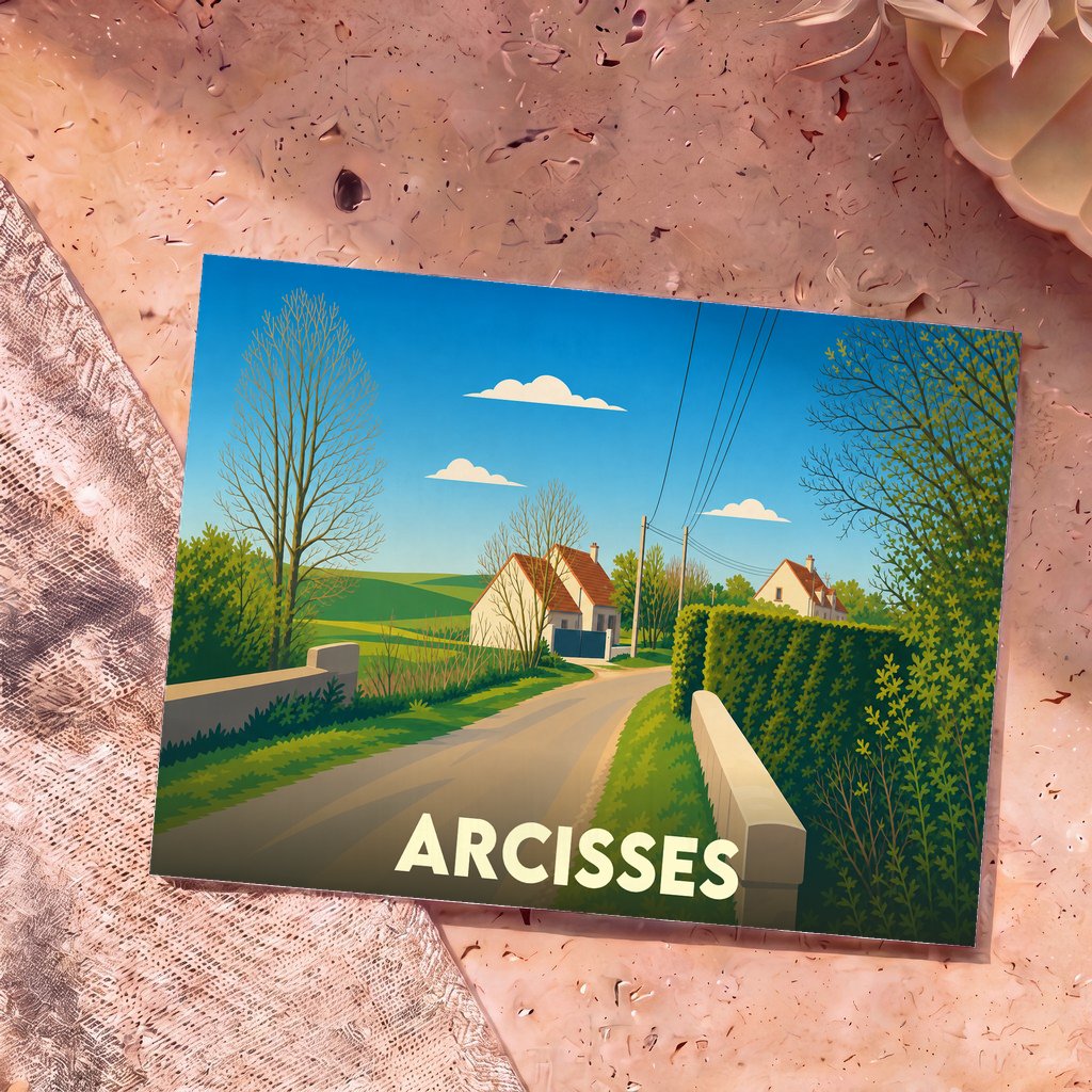 Carte postale souvenir de la commune d'Arcisses présentant une illustration stylisée d'un paysage rural avec une route et des maisons.