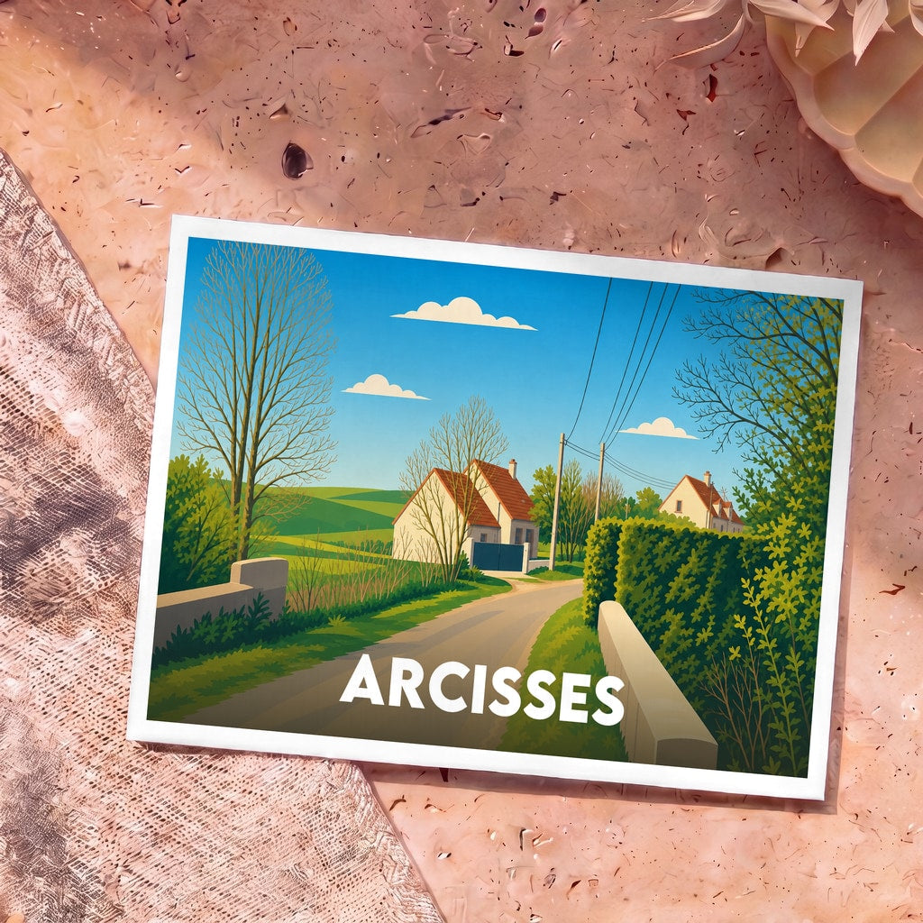 Carte postale souvenir de la commune d'Arcisses présentant une illustration stylisée d'un paysage rural avec une route et des maisons.