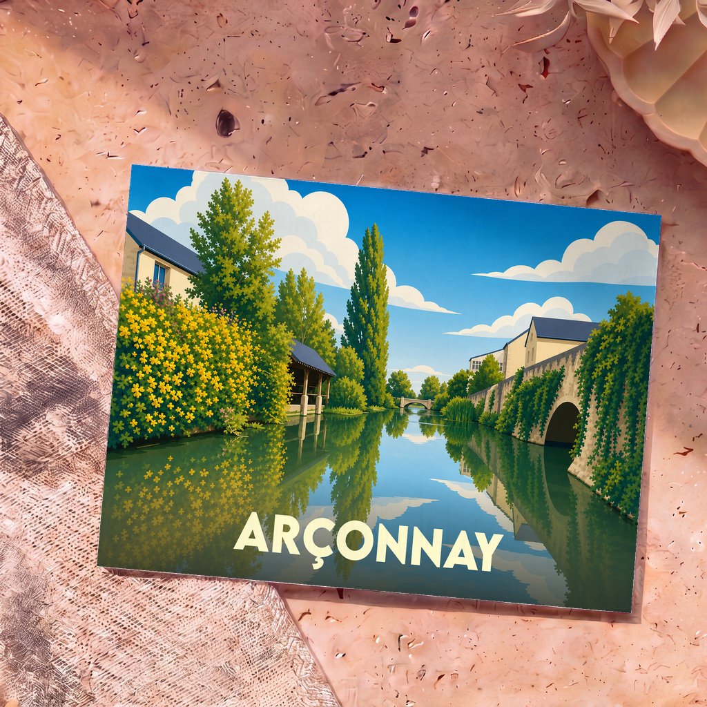 Carte postale souvenir de la ville d'Arçonnay présentant une illustration stylisée d'un canal paisible bordé de verdure.