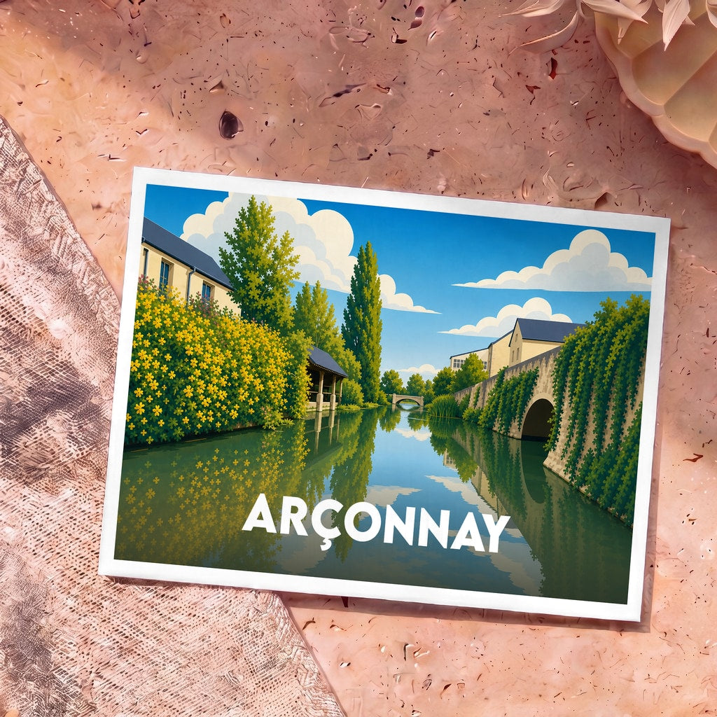 Carte postale souvenir de la ville d'Arçonnay présentant une illustration stylisée d'un canal paisible bordé de verdure.