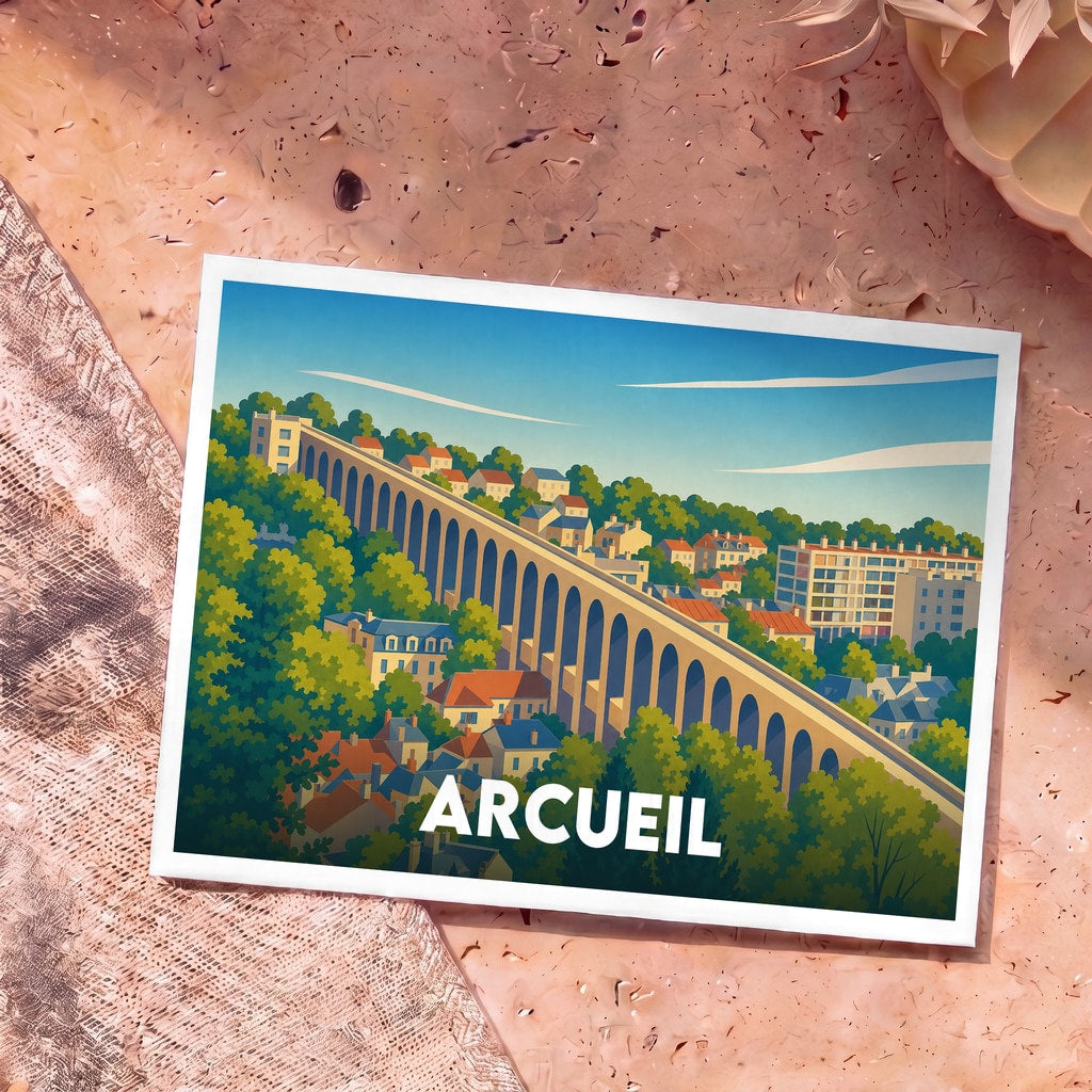 Carte postale souvenir de la ville d'Arcueil représentant son célèbre aqueduc dans un style illustré coloré.